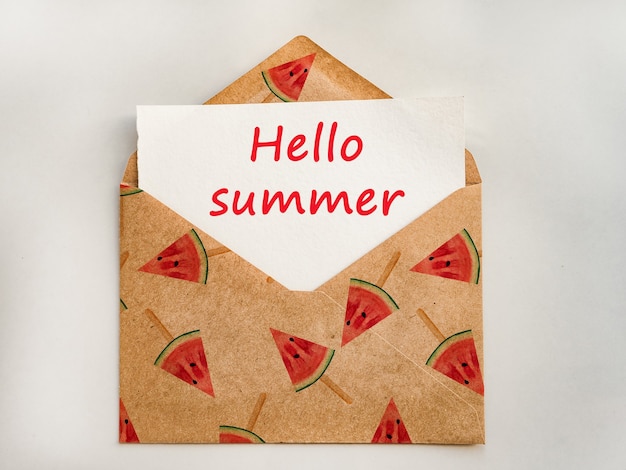 Hello Summer. Beautiful card. Closeup, top view. Congratulations for loved ones, relatives, friends and colleagues