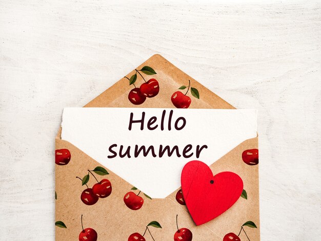 Hello Summer. Beautiful card. Closeup, top view. Congratulations for loved ones, relatives, friends and colleagues