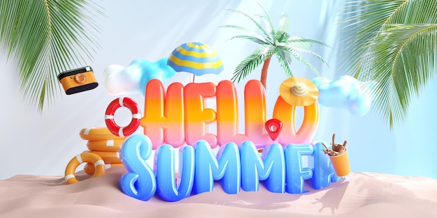 Hello to Summer colorful beach elements with 3d Lettering 3d Illustration