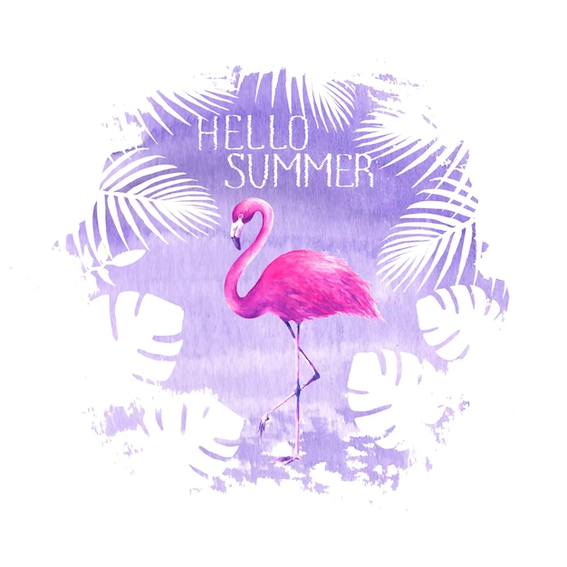 Photo hello summer lettering pink flamingo purple poster banner hand drawn watercolor spot illustration. tropical bird flamingo, tropical exotic plants. concept summer holiday vacation poster design.