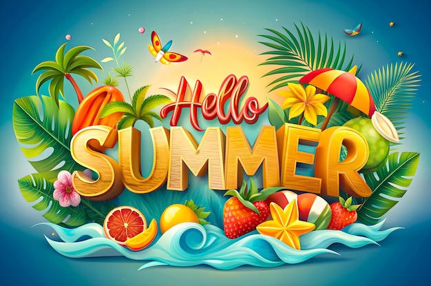 Photo hello summer typography sales banner design with decoration of plants and fruits