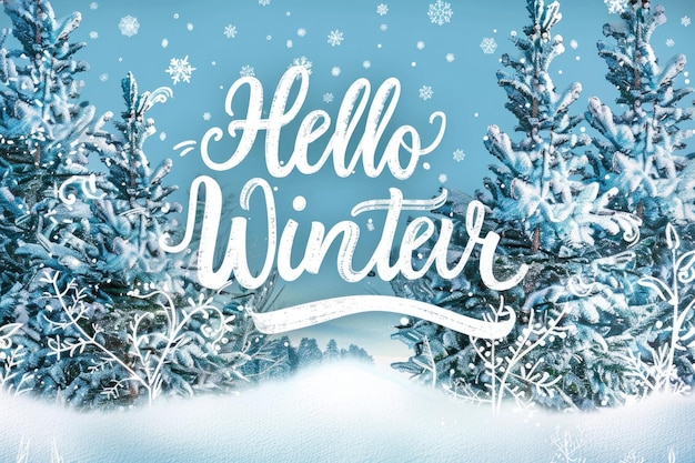 Hello Winter calligraphy with snowcovered trees and falling snowflakes in a serene winter landscape