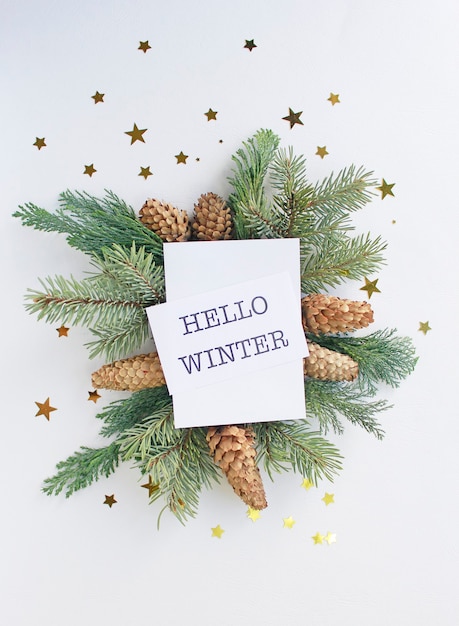 Hello winter greeting card, fir tree branches, cones and festive decor on white background, flat lay