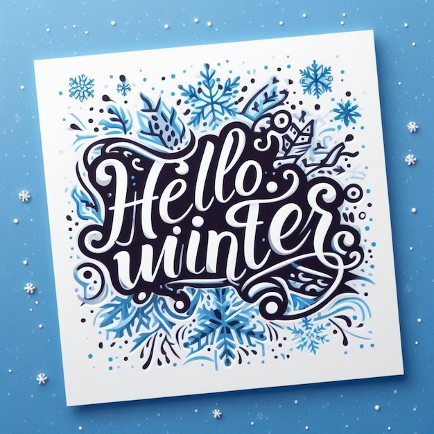 Hello winter welcome with snowman hold hello winter board background