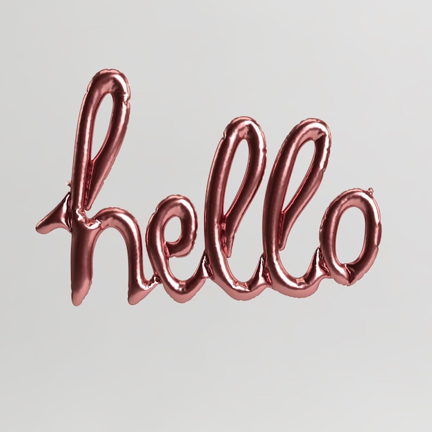 Hello wordshaped 3d illustration of metalic rose gold balloons isolated on white background