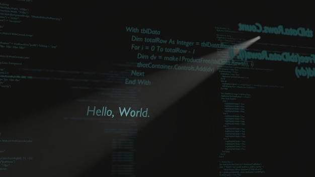 Hello World-tekst wordt opgemerkt door een spotlicht in een programmeereditor op een zwarte computermonitor