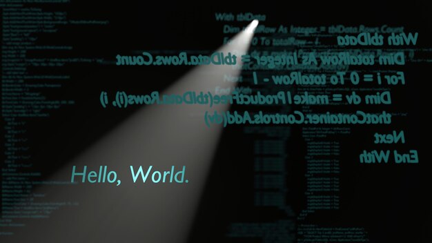 Hello World-tekst wordt opgemerkt door een spotlicht in een programmeereditor op een zwarte computermonitor