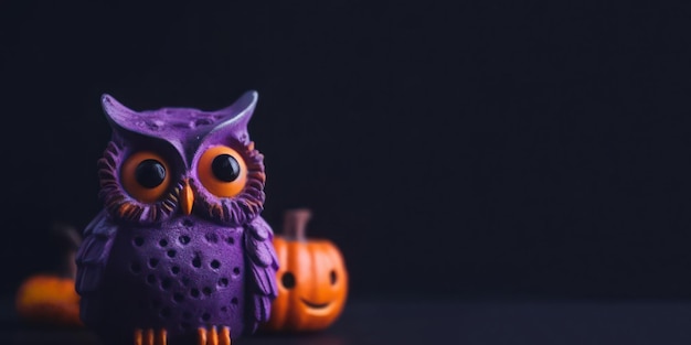 Photo helloween concept of cute owl with sitting on pumpkin and copy space for text