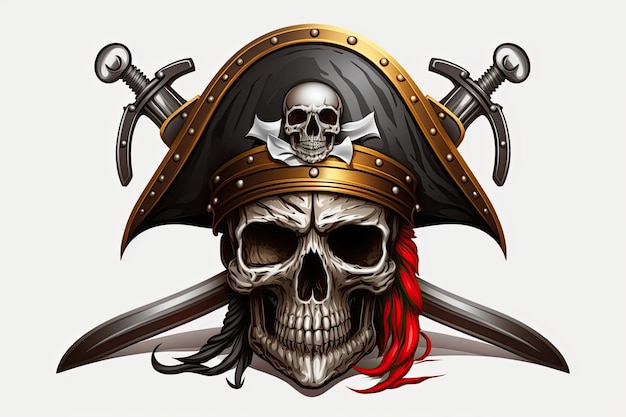 The helm of a pirate ship adorned with the Jolly Roger and a saber