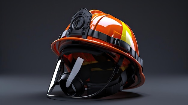 Helm van brandweerman weerspiegelt de laaiende vlammen Reflecterende helm vurige scène Brandweergereedheid veiligheidstoewijding Gegenereerd door AI