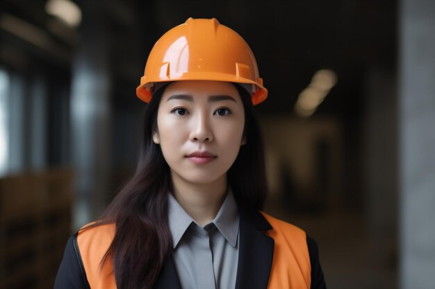 Helm vrouw zakelijke industrie portret baan Aziatische industriële vrouwelijke glimlach ingenieur Generatieve AI