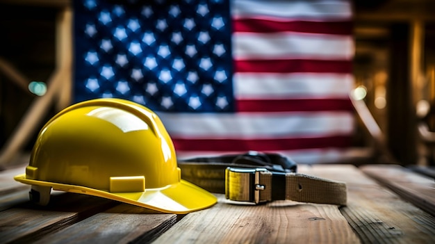 Foto casco e bandiera americana su sfondo di legno giorno del lavoro 2