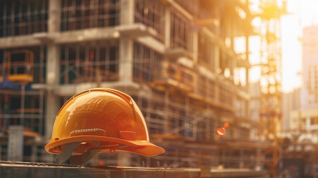 helmet in construction site and construction site worker background safety first concept