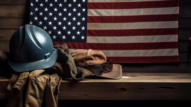 A helmet and jacket are on a bench in front of an american flag