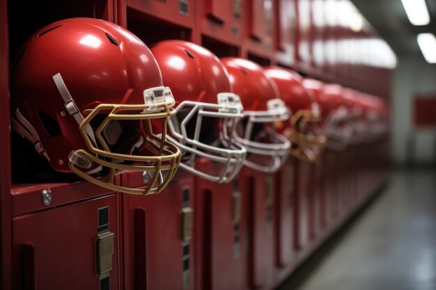 Photo helmet set against a row of lockers with a blurred background