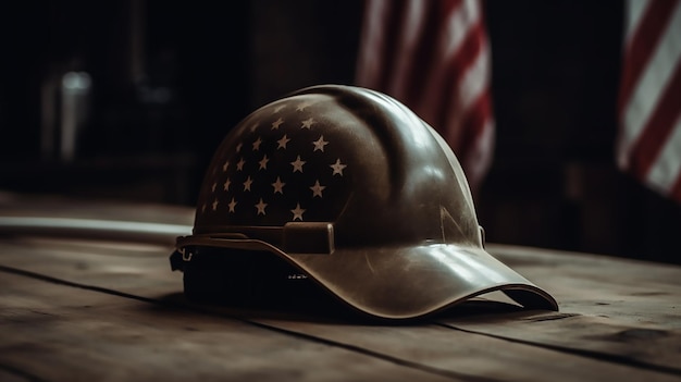 A helmet on a table with the american flag behind it