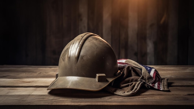 Photo a helmet on a table with a flag on it