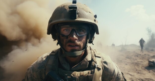 Вид на шлем солдата в дымном бою