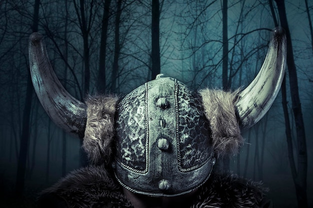 Helmet, viking warrior, male dressed in barbarian style with\
sword, bearded