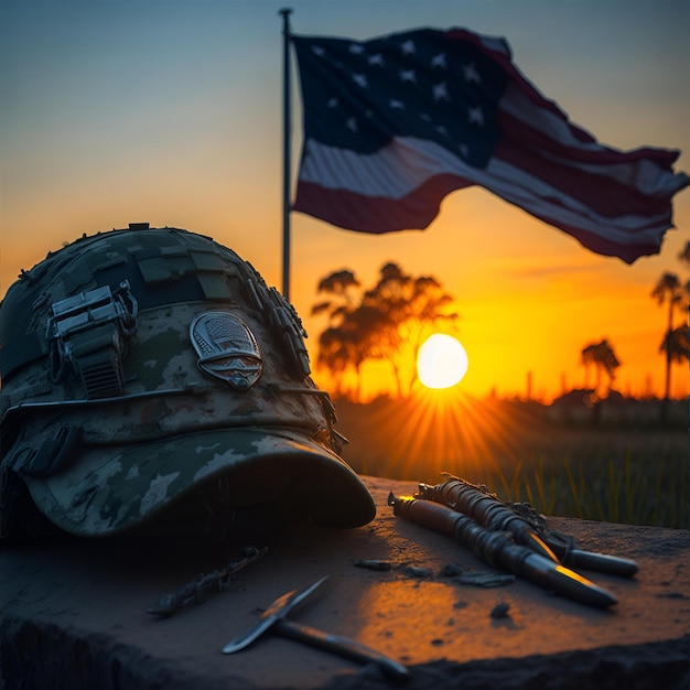 Photo a helmet and a weapons are on a rock in front of a flag