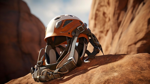 Photo a helmet with a helmet on it sits on a rock