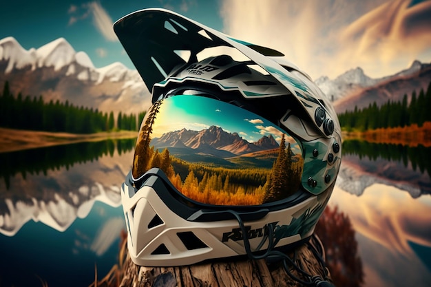 A helmet with a mountain scene on it