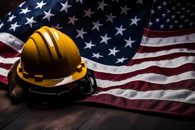 A helmet with a yellow helmet on the table with the american flag in the background