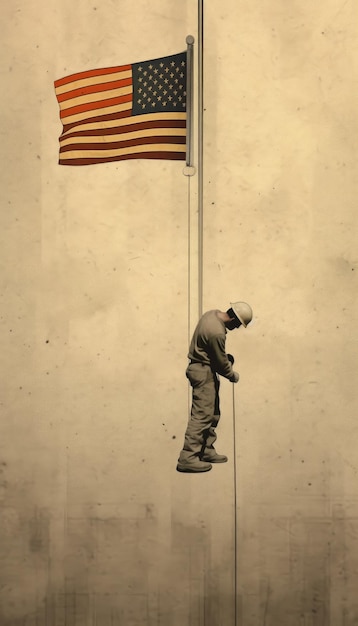 Helmeted worker under the American flag