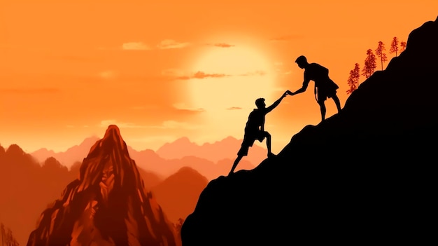 Help and assistance concept Silhouettes of two people climbing on mountain and helping Generative AI