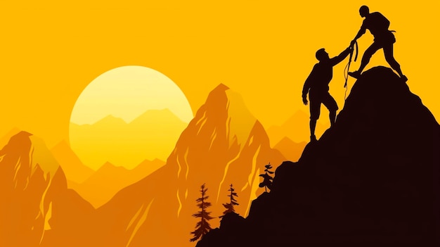 Help and assistance concept silhouettes of two people climbing on mountain and helping generative ai