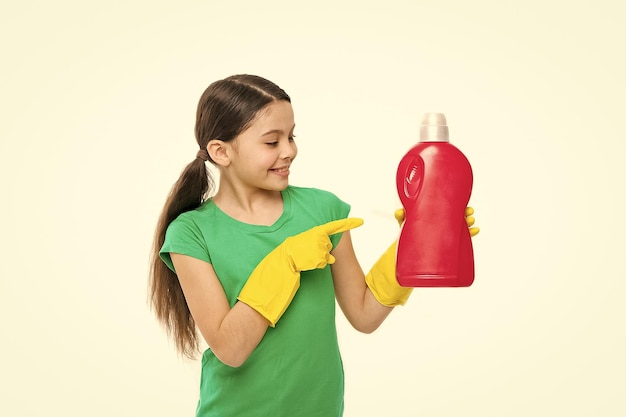 Help clean up use professional product for cleaning useful\
product housekeeping cleaning supplies girl in rubber gloves for\
cleaning hold big plastic bottle chemical soap liquid white\
background