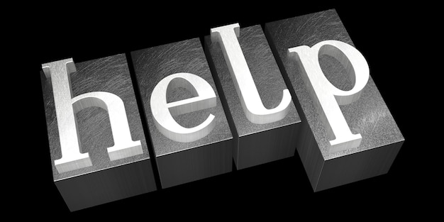 Help metal letterpress word isolated on black background