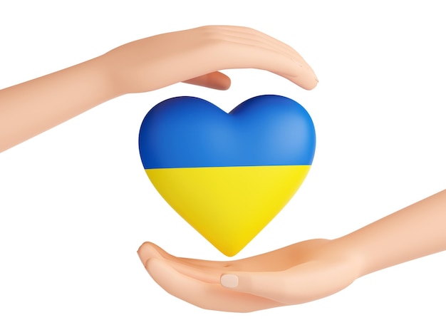 Help Ukraine human hands protecting heart of blue and yellow Ukrainian flag colors 3d render