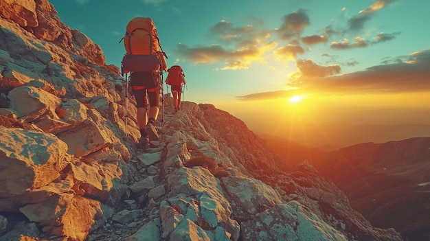 A helping hand up the cliff by hikers ascending a mountain Collaboration and the idea of never giving up