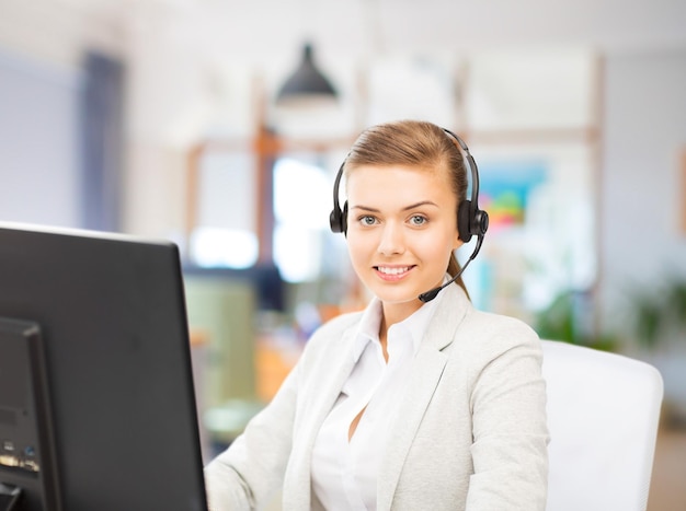 helpline operator in headset working at office