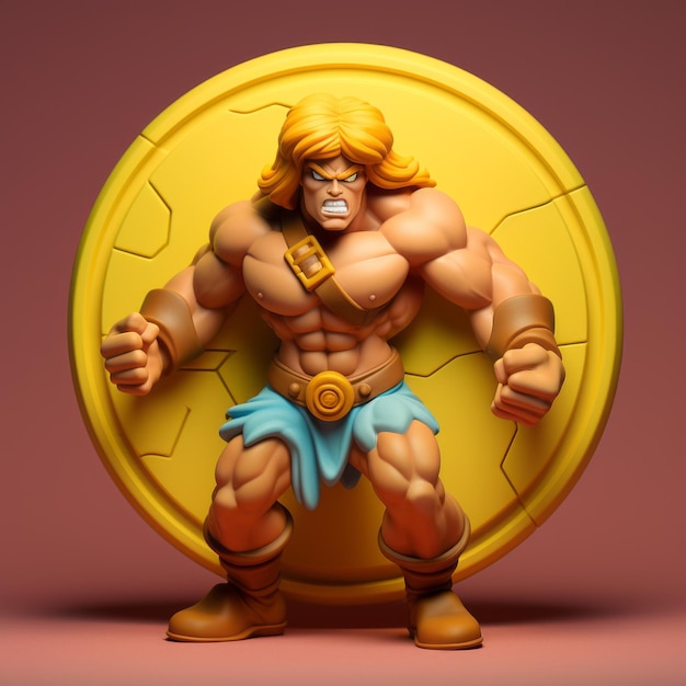 Heman met gigantische munt Fotorealistisch toyisme in donkergeel en lichtcyaan