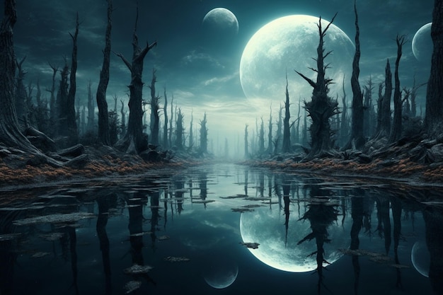 Hemel achtergrond maanlicht silhouet landschap rivier maan blauwe nacht ruimte water bos fantasie natuur halloween sterren zwarte bomen mist donker licht reflectie