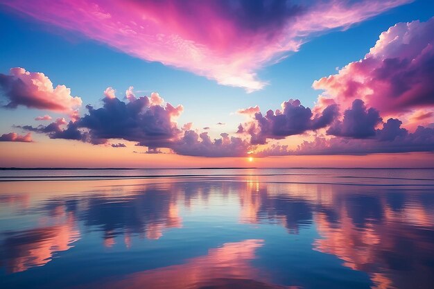 Hemel achtergrond op zonsondergang kleurrijke wolken Natuur abstracte compositie met reflecties op zeewater natuurlijke blauw roze paarse tinten van de skyline Natuur omgeving