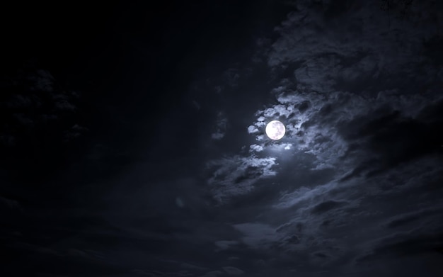 Hemel om middernacht met volle maan en wolken.