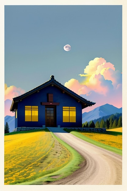 Hemel witte wolken en bergen woningbouw natuur landschap wallpaper achtergrond illustratie