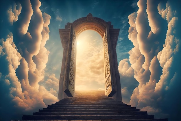 Hemelpoort naar de hemel Einde van het leven Stairway to Heaven Religieuze achtergrond Portaal tussen de wolken Generatieve AI-illustratie