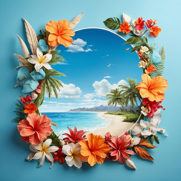 Hemelsblauwe achtergrond met strandelementen en tropische bloemen Illustratie van de zomervakantie