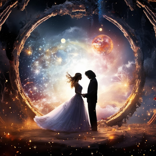 Foto hemelse bruiloftsceremonie te midden van een kosmische achtergrond