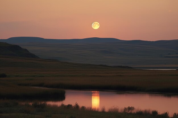 Foto hemelse elegantie die de opkomende maan vastlegt boven een vredig landschap