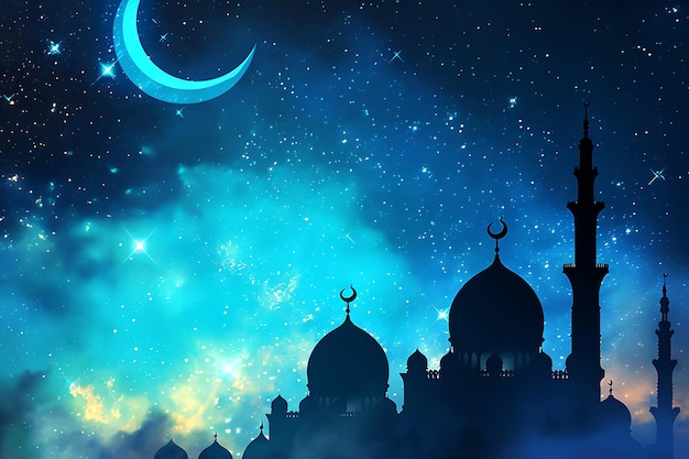 Hemelse Ramadan Halve Maan over de silhouet van de moskee