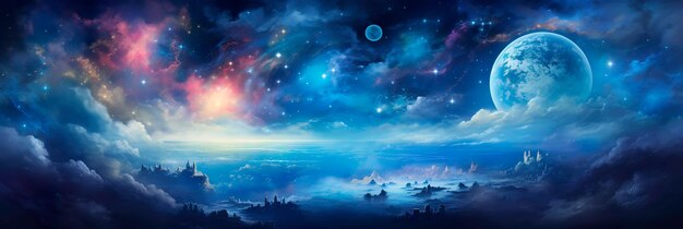 hemelse scène met sterren planeten en kosmische wolken die de uitgestrektheid en het wonder van het universum symboliseren Generatieve AI