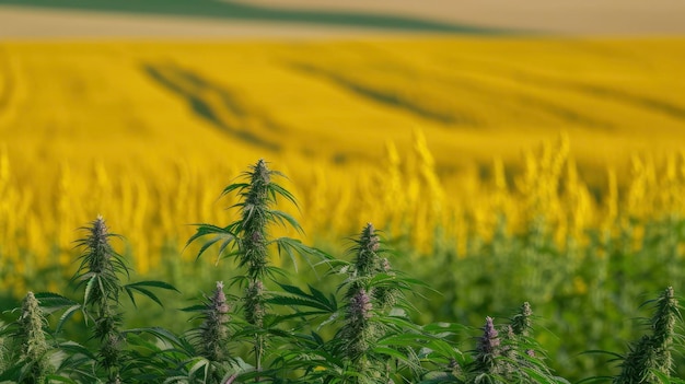 Hemp field in the foreground followed by a field of rapeseed
