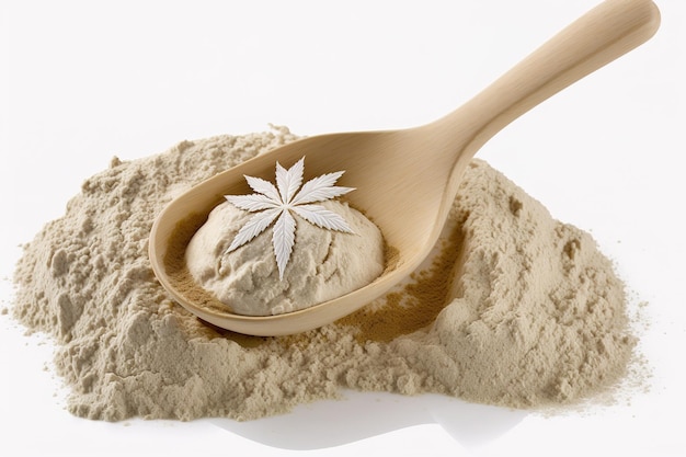 The hemp flour and grains on a wooden spoon against a white background Generative AI