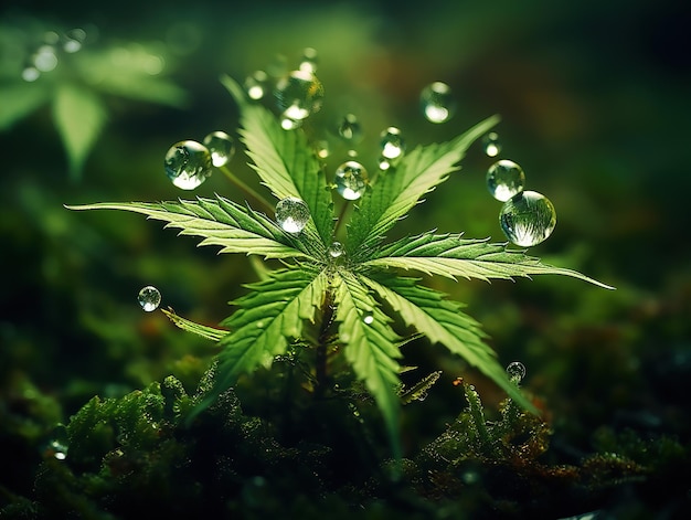 大麻の葉を露に 生成人工知能