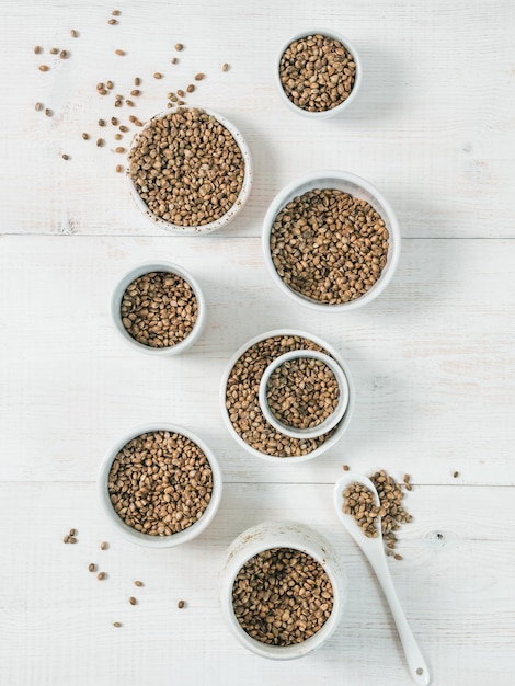 Hemp seeds flat lay vertical